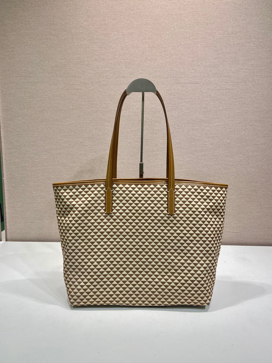 Luxury PradaTOTE BAG 33 IN BROWN MIX CREAM TRIANGLE PATTERN EMBROIDERED FABRIC
