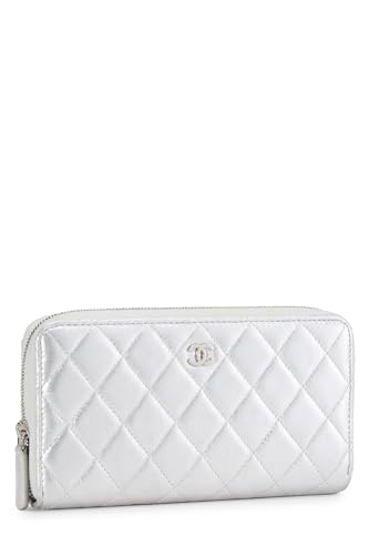 Chanel, Silver Lambskin Zip Around Wallet, Silver