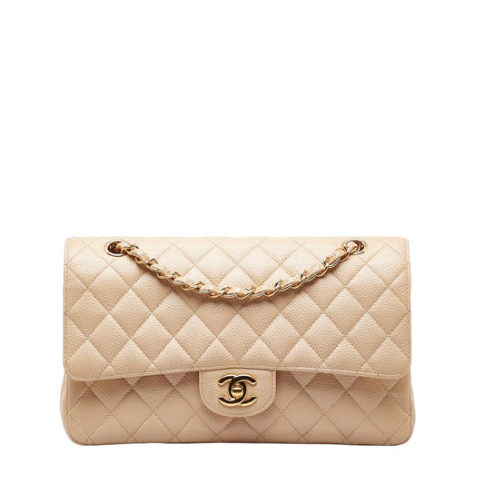 Chanel Matlasse 25 Double Flap Coco Mark Chain Shoulder Bag Beige Caviar Skin