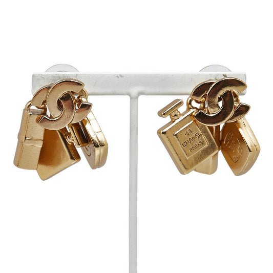 Chanel Coco Mark Perfume Lip Foundation Swing Cosmetic Motif Earrings Gold Plated