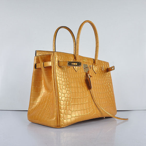 Luxury Hermes Birkin 35cm 6089 New Golden Crocodile Vein Handbags Gold