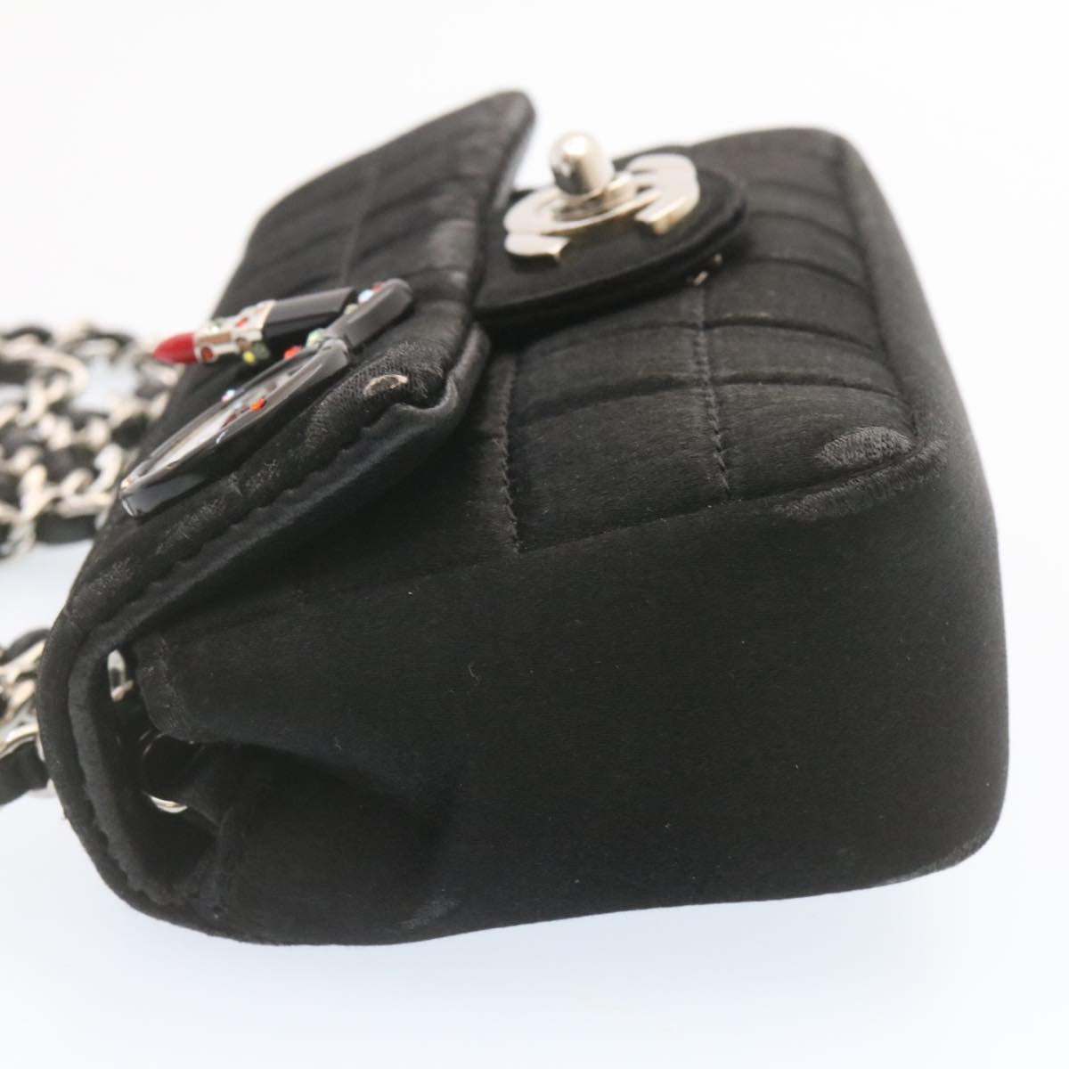 Luxury Chanel Choco Bar Rouge Racket Linestone Shoulder Bag Satin Black CC 24559A