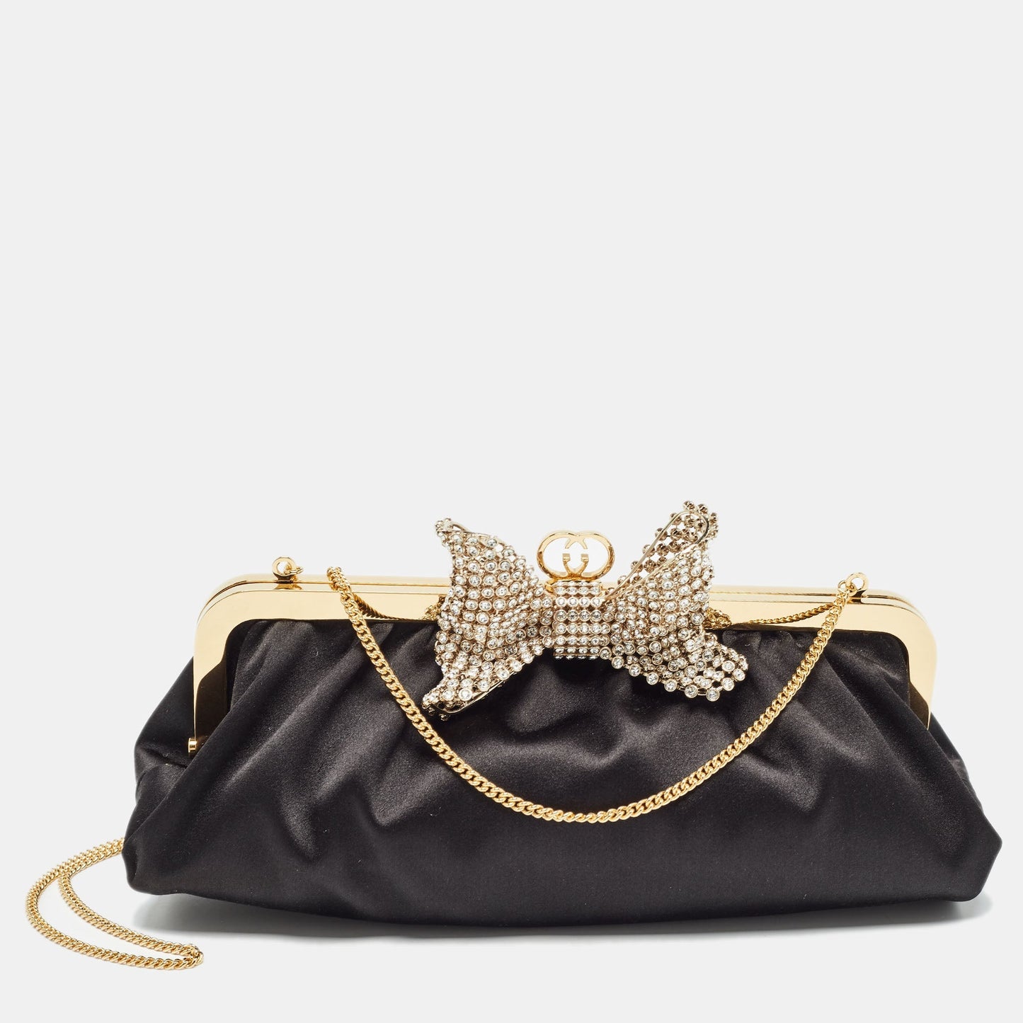 Luxury Gucci Trending 2025 Black Satin Crystal Embellished Bow Broadway Clutch