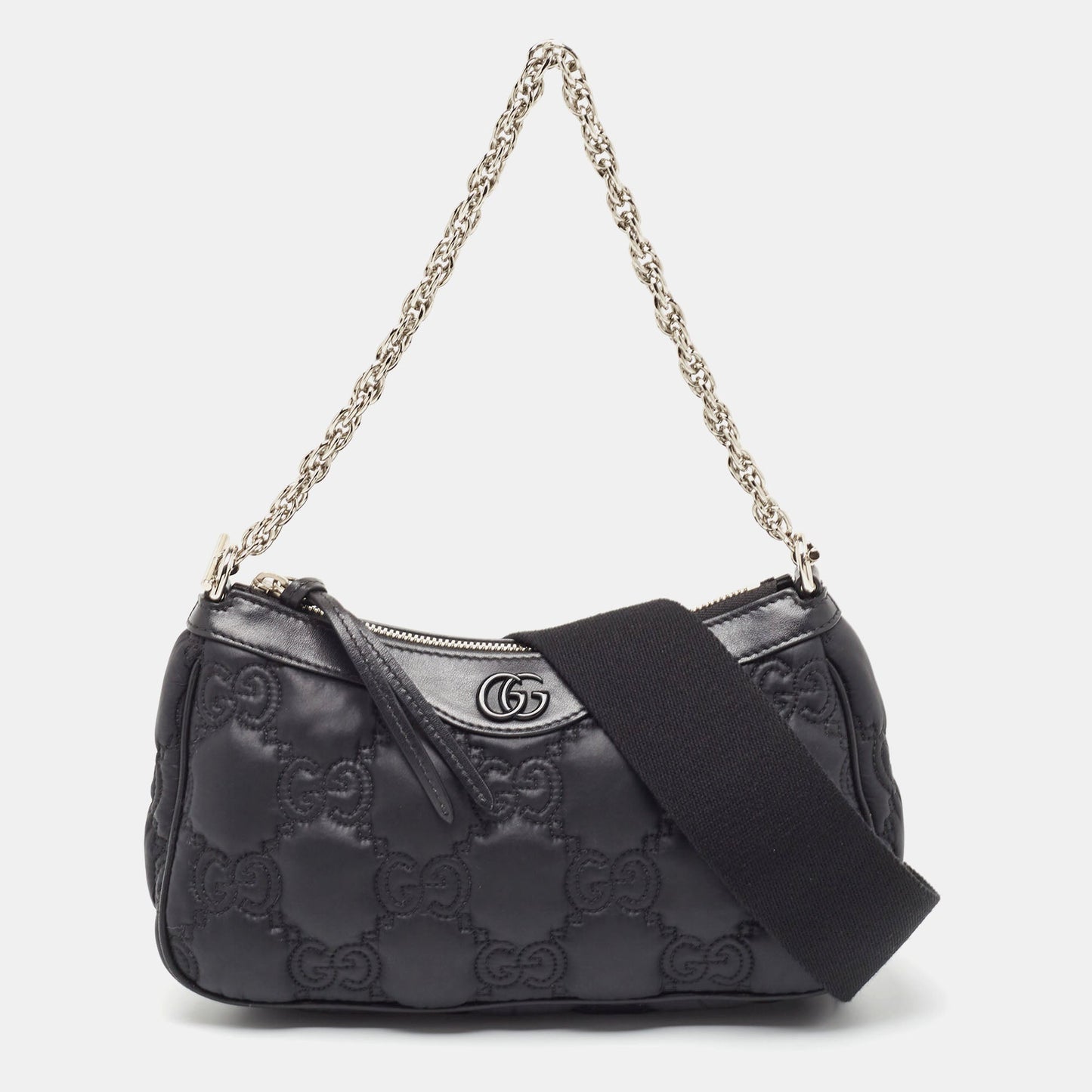 Luxury Gucci Trending 2025 Black GG Matelassé Satin and Leather Chain Bag