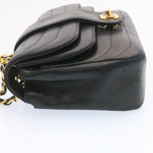 CHANEL Lamb Skin Double Flap Chain Shoulder Bag Black CC 26207A