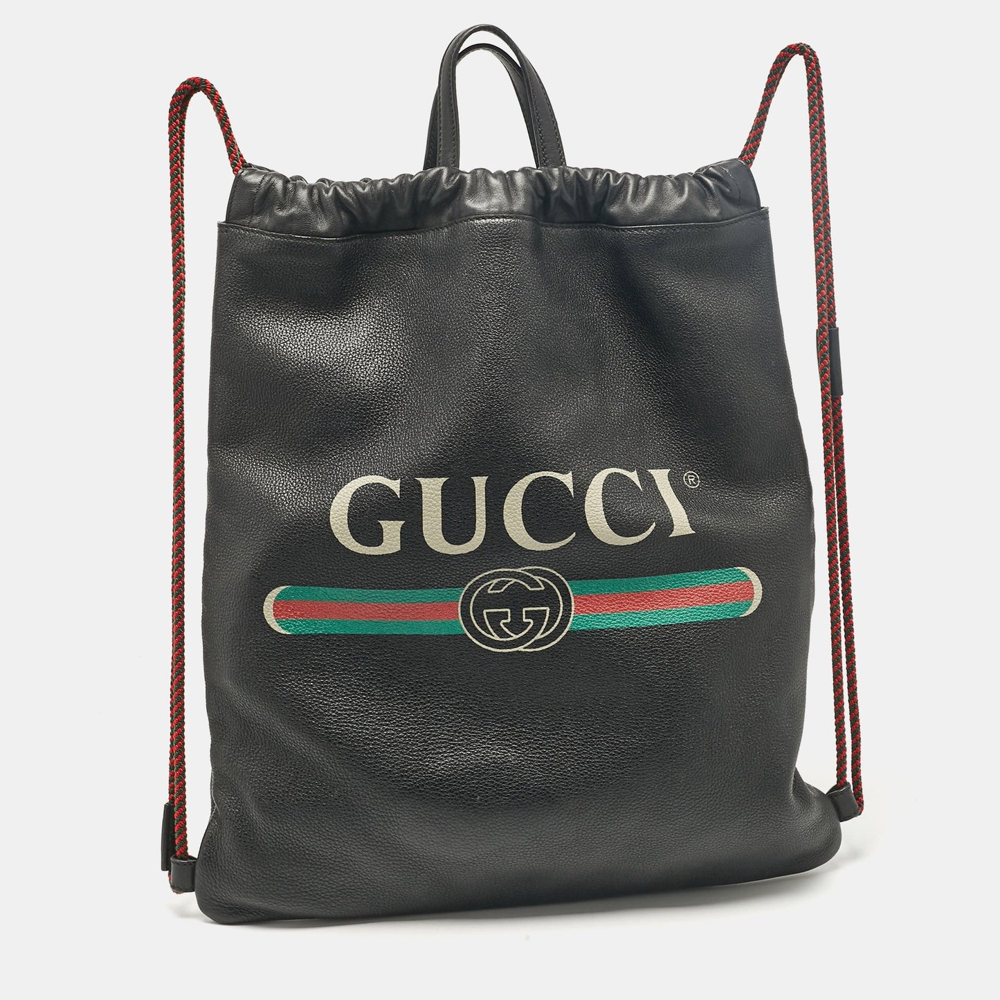 Luxury Gucci Trending 2025 Black Leather Logo Drawstring Backpack