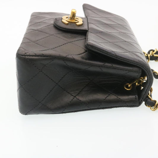 CHANEL Mini Matelasse Chain Flap Shoulder Bag Lamb Skin Black Gold 29069A