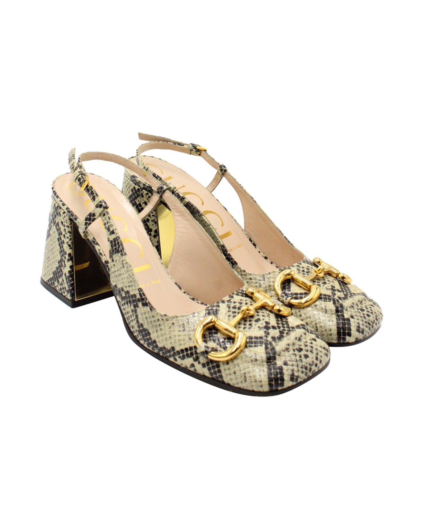 Luxury Gucci Trending 2025 Horsebit Snakeskin-Embossed Slingback Pumps in Multicolor Leather