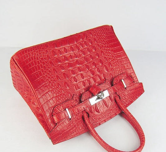 Luxury Hermes Birkin 30cm Crocodile Head Vein Handbags Red Silver