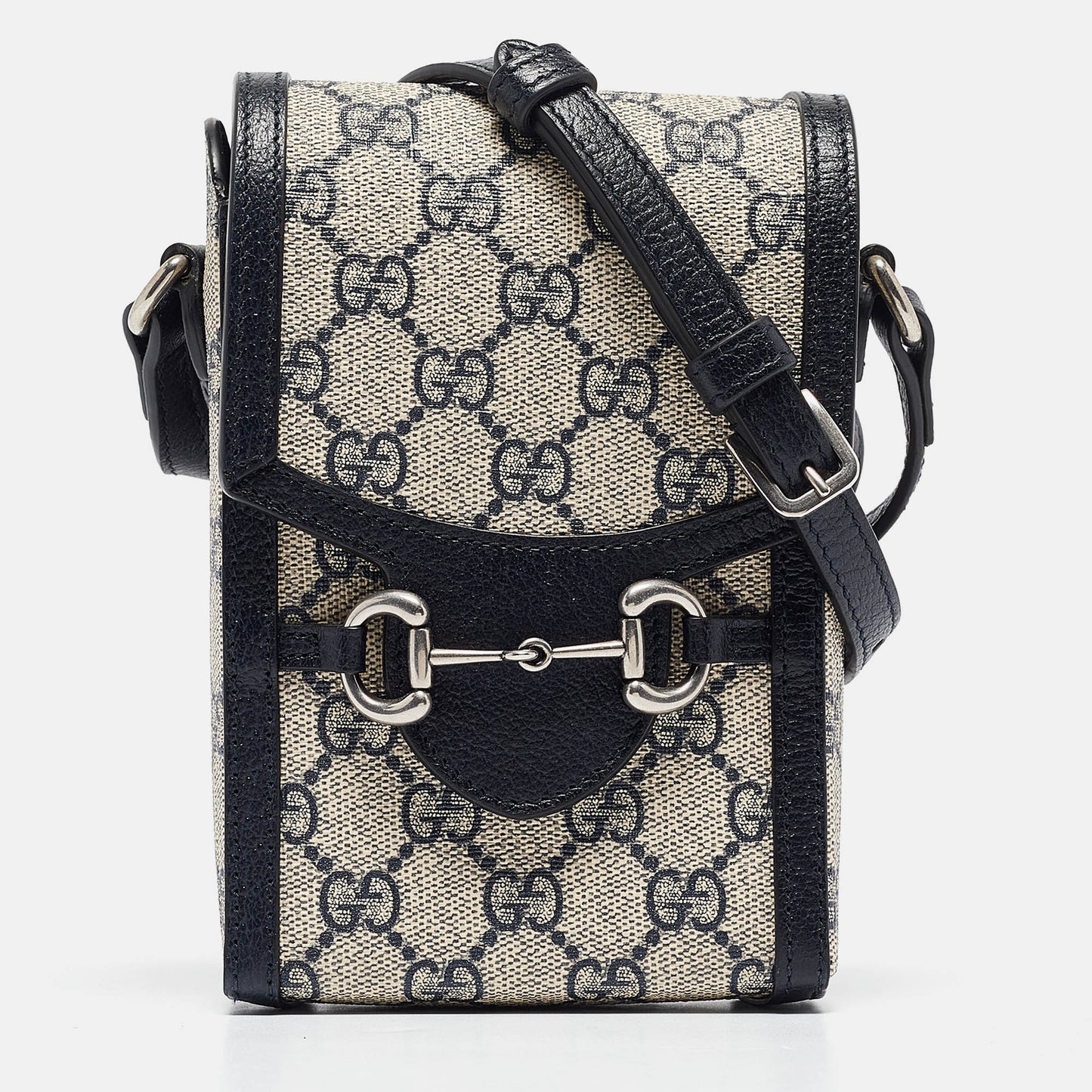 Luxury Gucci Trending 2025 Beige/Navy Blue GG Supreme Canvas and Leather Mini Horsebit 1955 Crossbody Bag