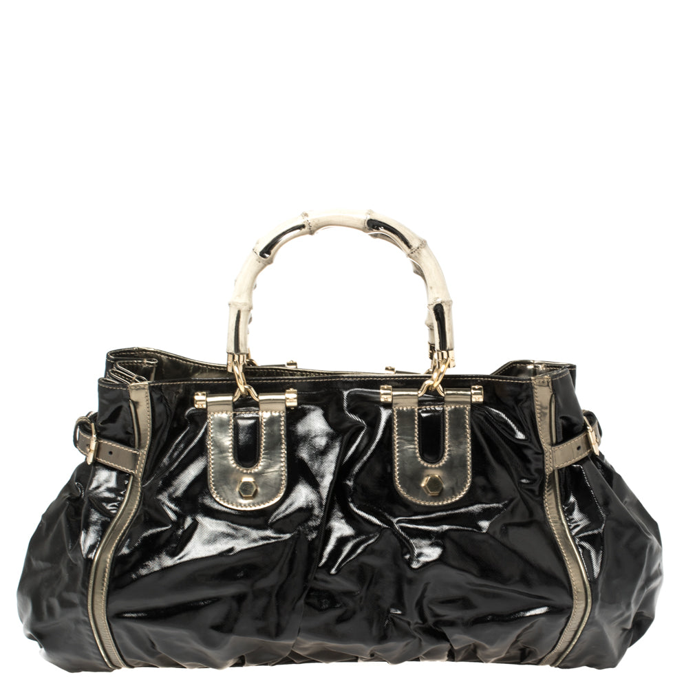 Luxury Gucci Trending 2025 Black Coated Canvas and Leather Dialux Pop Bamboo Satchel