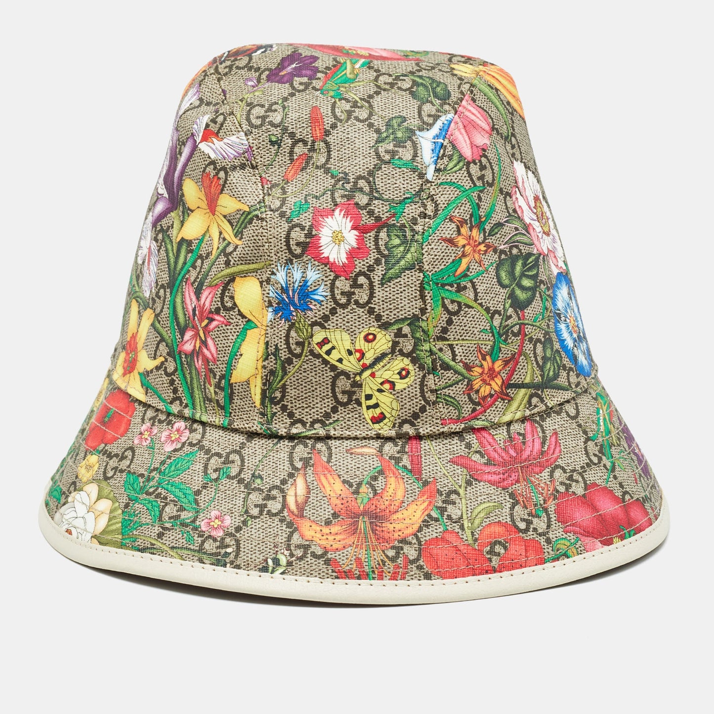 Luxury Gucci Trending 2025 Multicolor GG Floral Print Coated Canvas Leather Trimmed Bucket Hat L