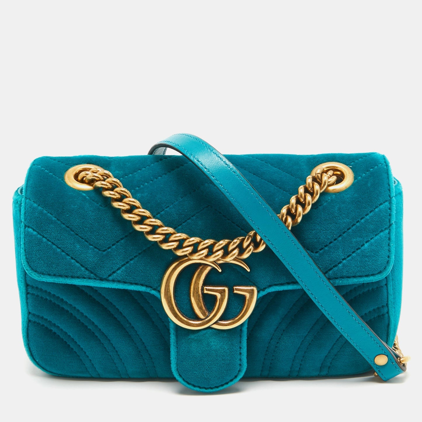 Luxury Gucci Trending 2025 Teal Matelassé Velvet Mini GG Marmont Shoulder Bag