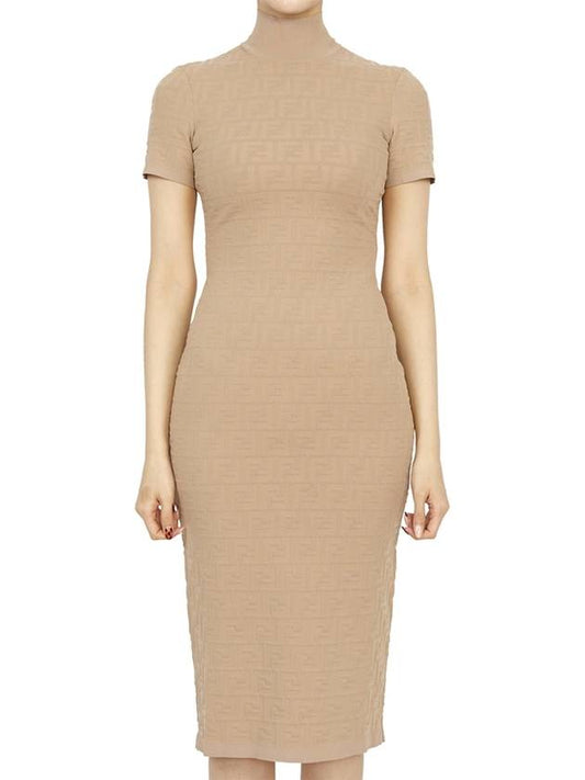 Luxury Fendi Women's FF Logo Short Sleeve Midi Dress Beige