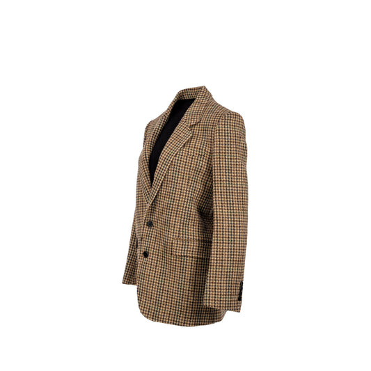 CELINE Size 34 Classic Jacket In Checked Wool Brown/Green Multicolour