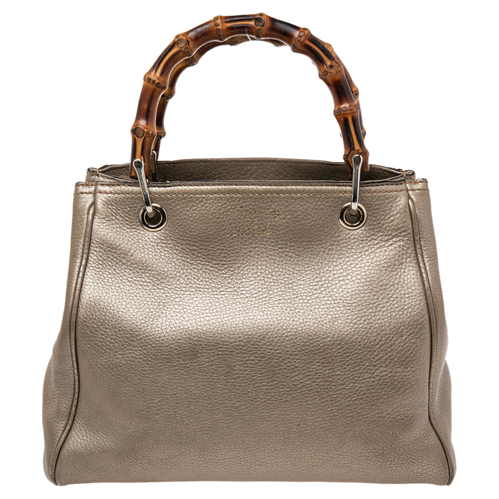 Luxury Gucci Trending 2025 Metallic Gold Leather Bamboo Top Handle Shopper Tote