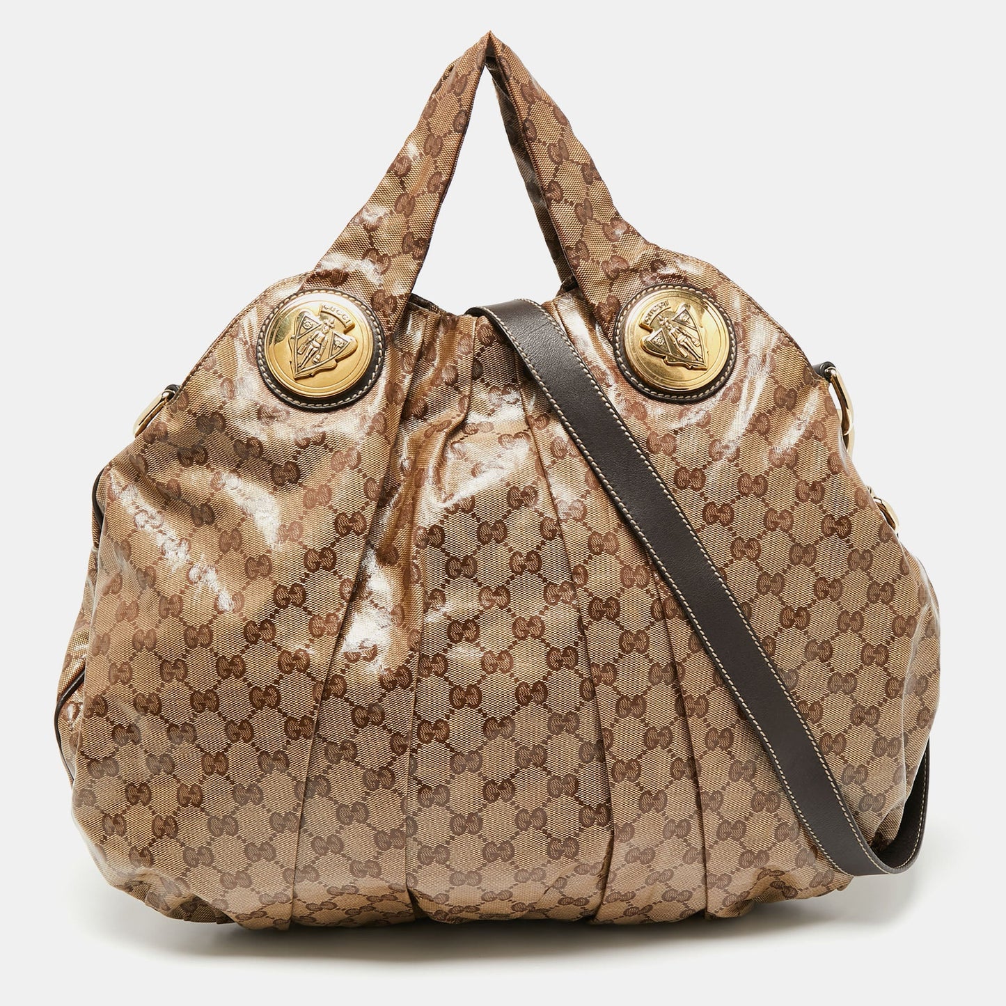 Luxury Gucci Trending 2025 Brown/Beige GG Crystal Canvas and Leather Large Hysteria Hobo