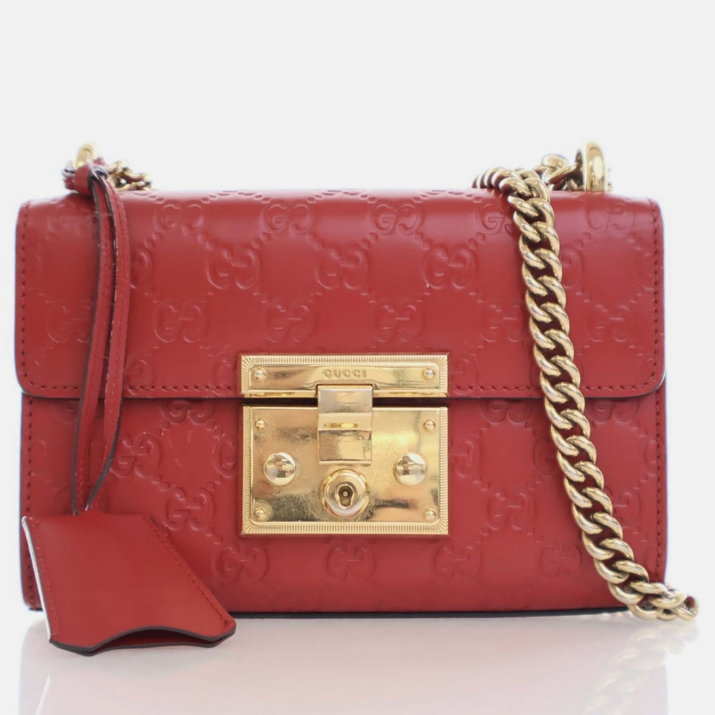 Luxury Gucci Trending 2025 Red Leather Small Luxury Gucci Trending 2025ssima Padlock Shoulder Bag