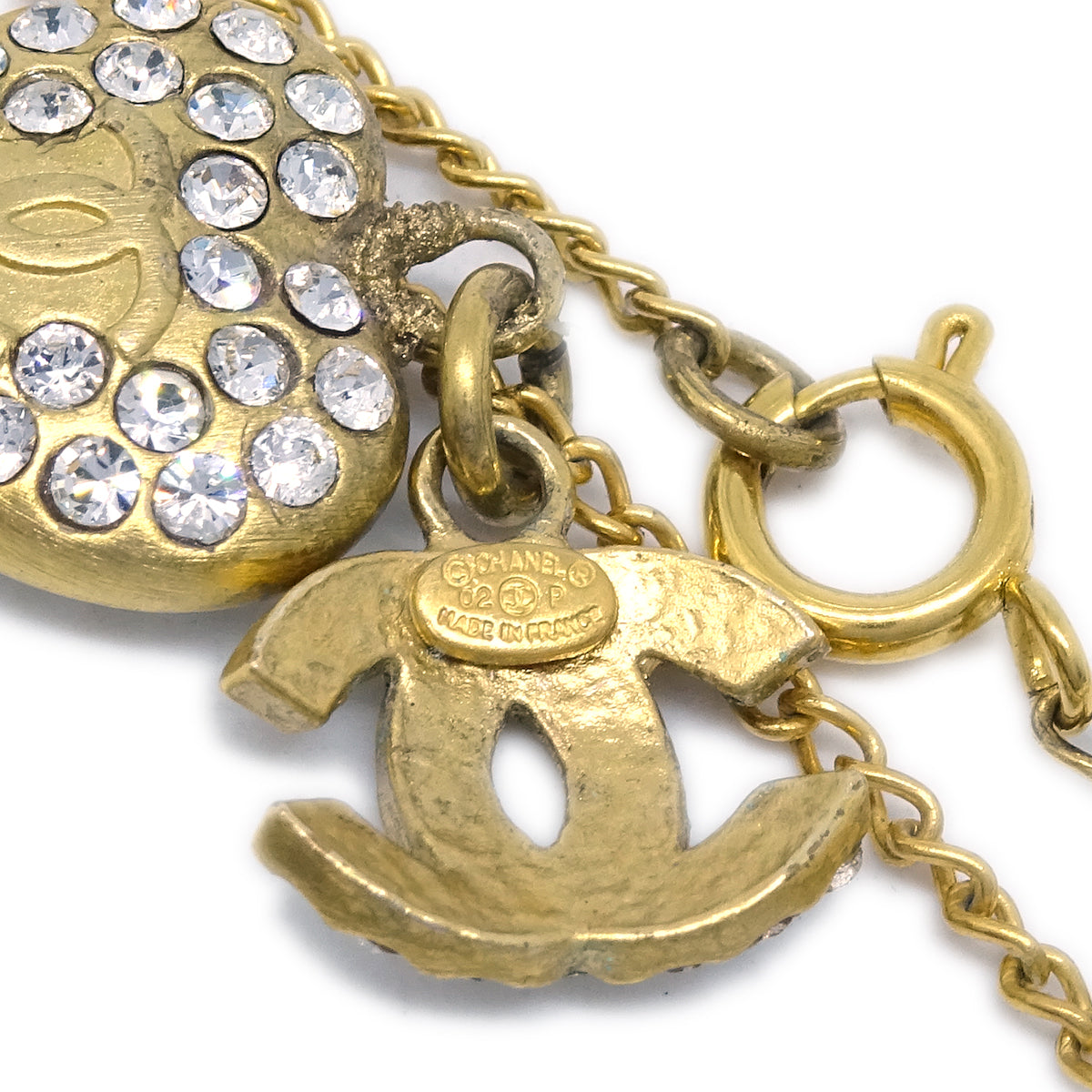 Chanel Heart Chain Pendant Necklace Rhinestone Gold 02P