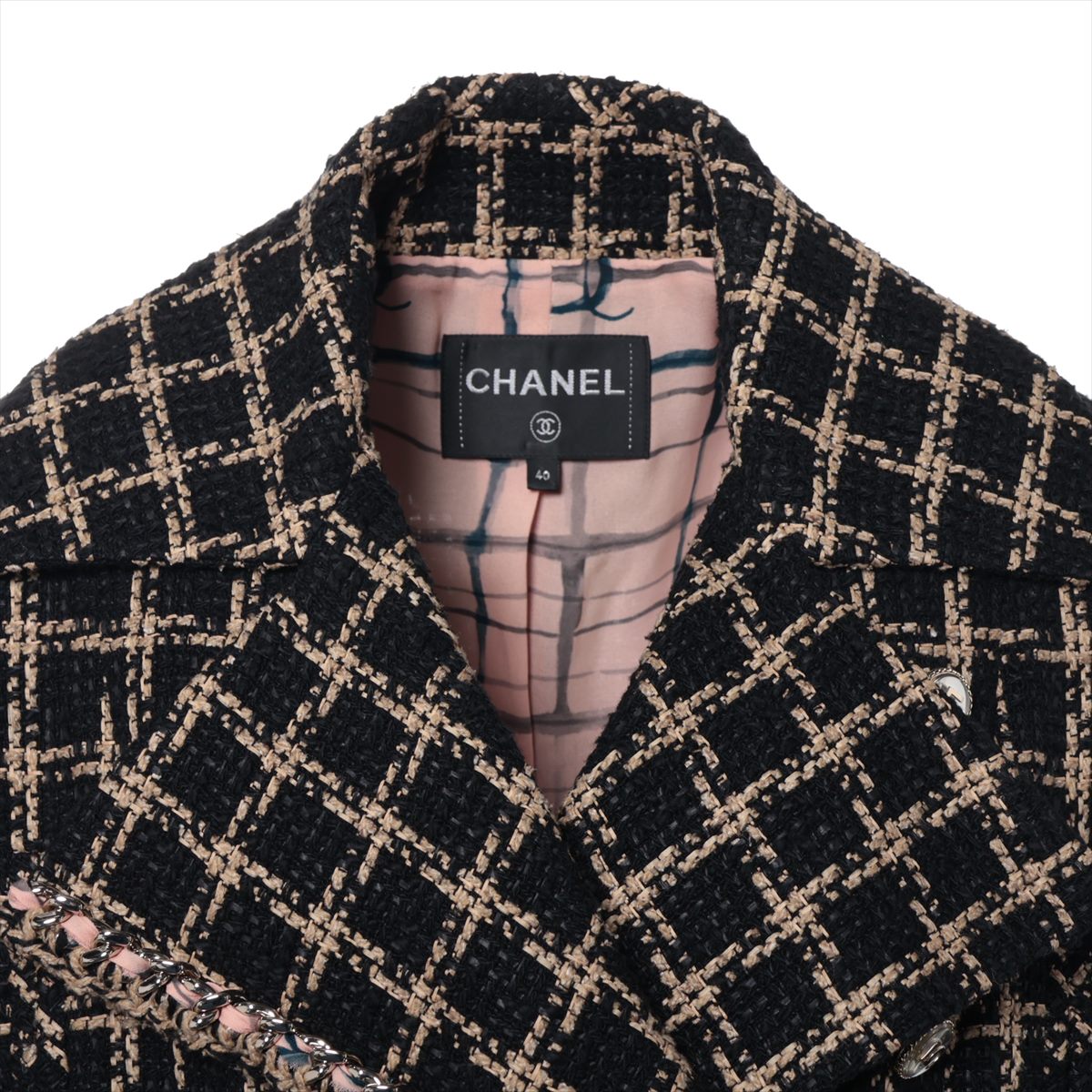Chanel 21S Cotton x Silk Jacket 40 Black x Beige P70537V61998 Tweed NO5 Button