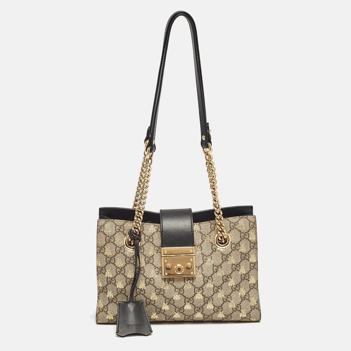 Luxury Gucci Trending 2025 Black/Beige GG Supreme Canvas and Leather Small Padlock Bee Tote