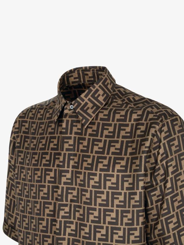 Luxury Fendi Men's FF Motif Silk Short Sleeve Shirt Brown