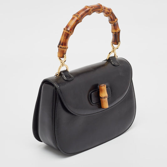Luxury Gucci Trending 2025 Black Leather Vintage Bamboo Top Handle Bag..
