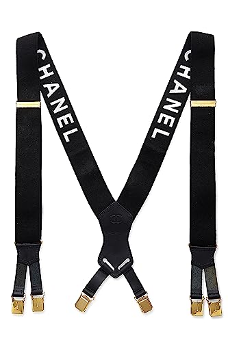 Chanel, Black Elastic Logo Suspenders, Black