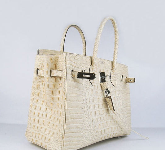 Luxury Hermes Birkin 35cm Crocodile Head Veins Handbags Beige Silver
