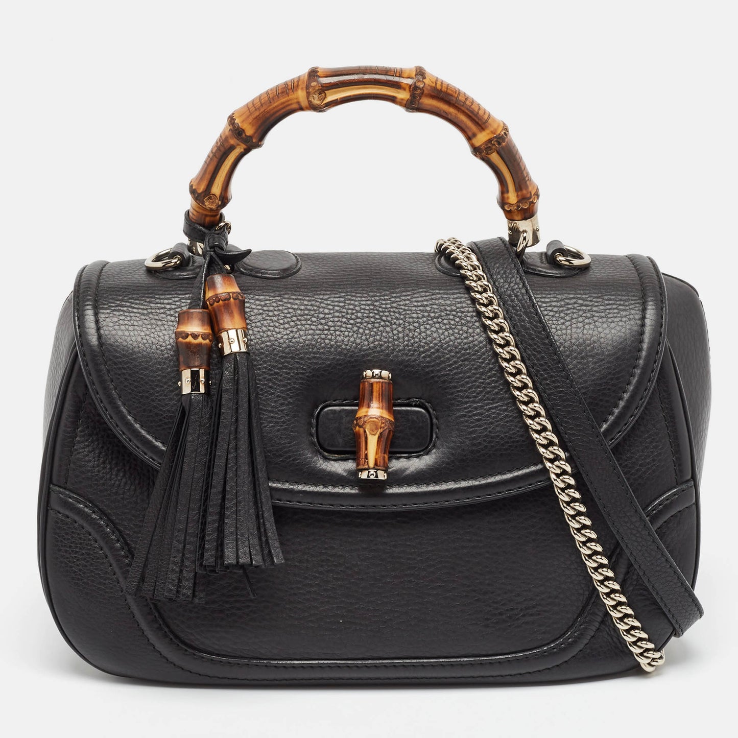 Luxury Gucci Trending 2025 Black Leather Large New Bamboo Tassel Top Handle Bag
