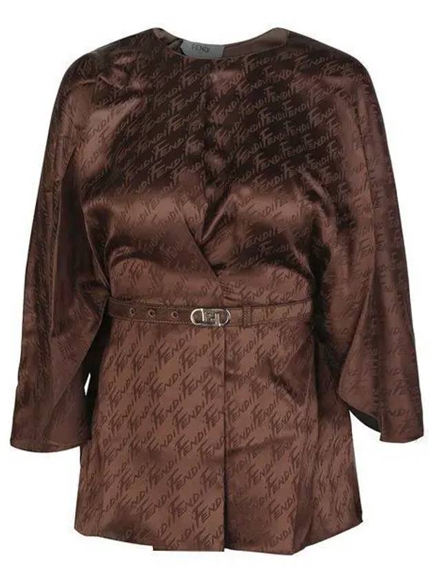 Luxury Fendi All-Over Logo Belt Flare Blouse Brown
