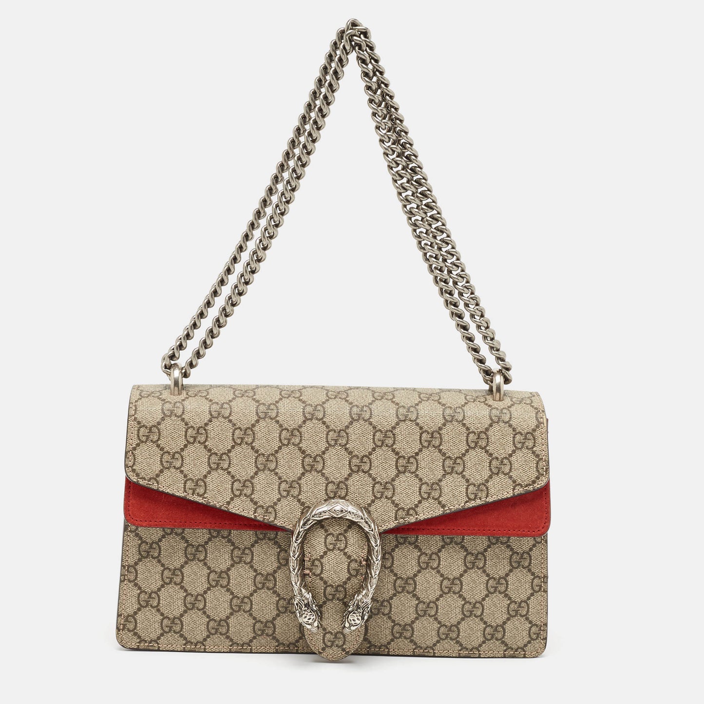 Luxury Gucci Trending 2025 Red/Beige GG Supreme Canvas and Suede Small Dionysus Shoulder Bag
