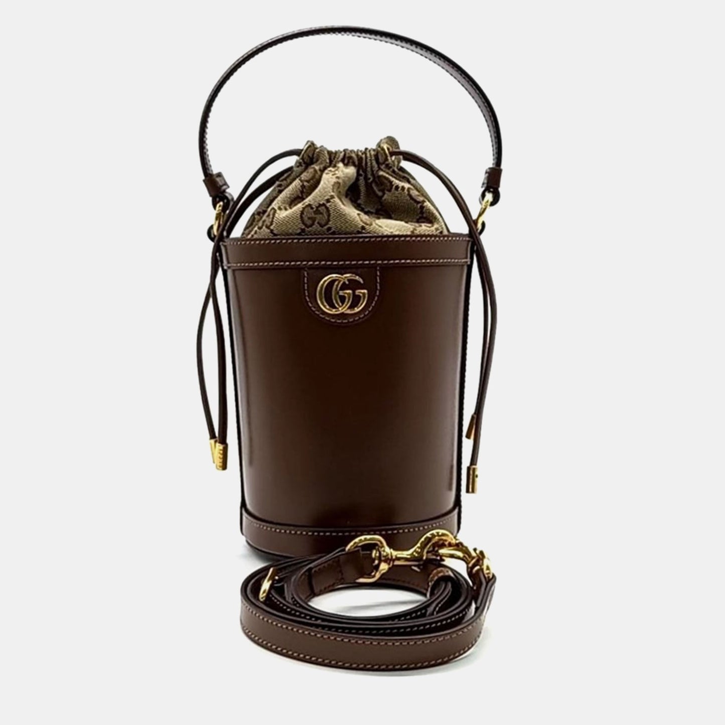 Luxury Gucci Trending 2025 Brown/Beige Leather and Canvas Mini Ophidia Bucket Bag