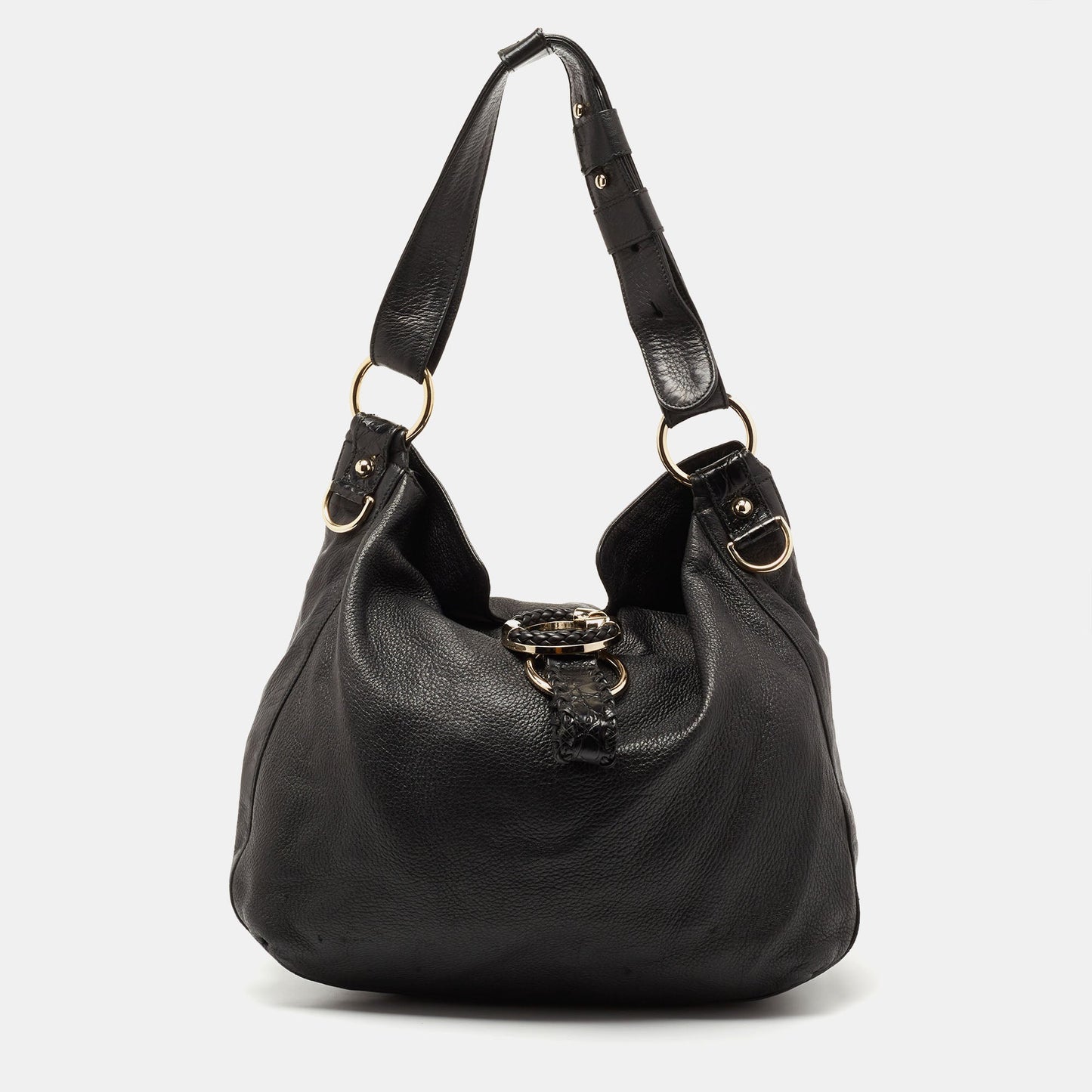 Luxury Gucci Trending 2025 Black Leather and Crocodile Trim Medium G Wave Hobo