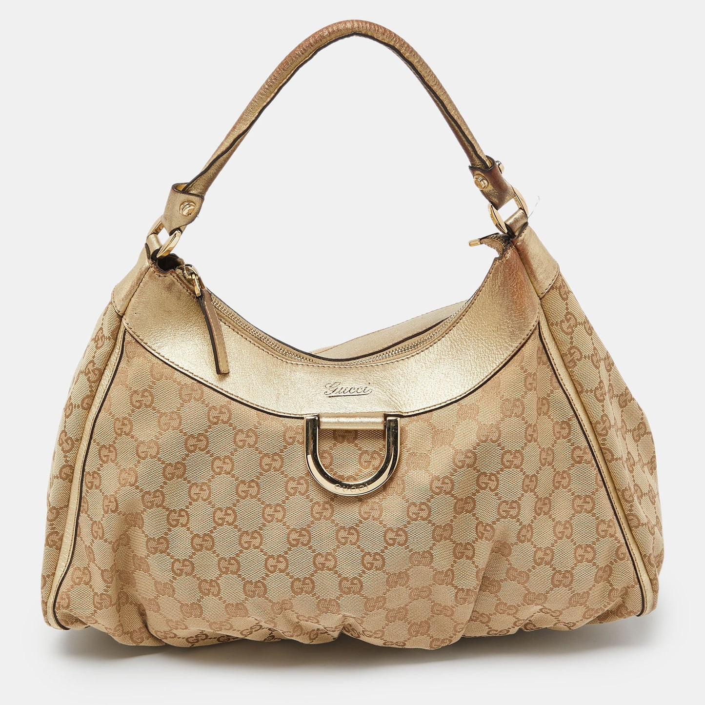 Luxury Gucci Trending 2025 Biege/Gold GG Canvas and Leather Large D Ring Hobo