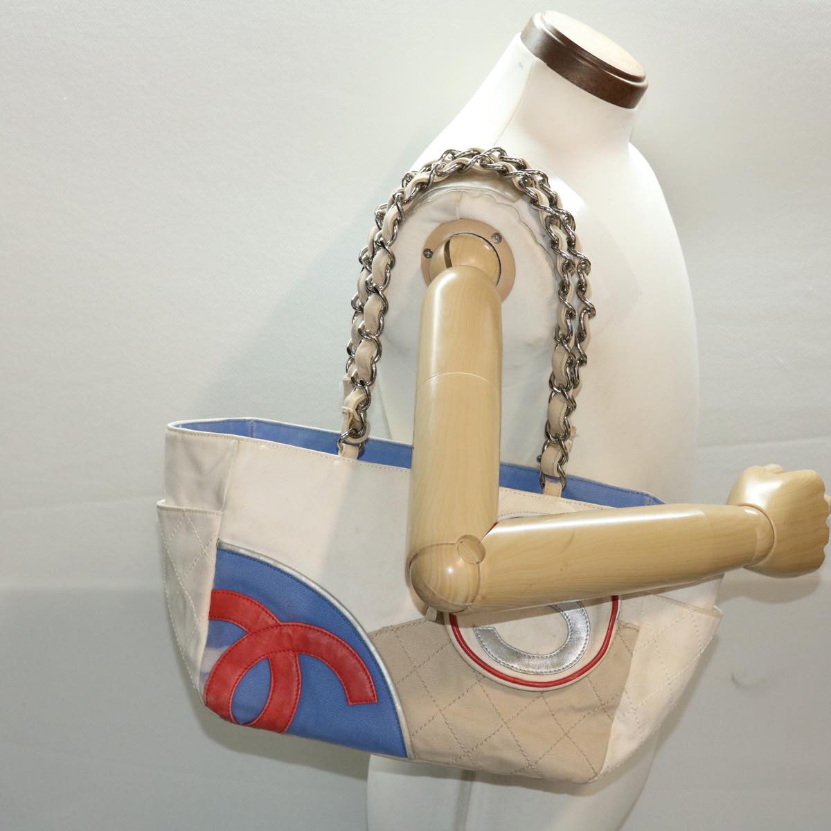 CHANEL Chain Tote Bag No5 Canvas White CC 49901