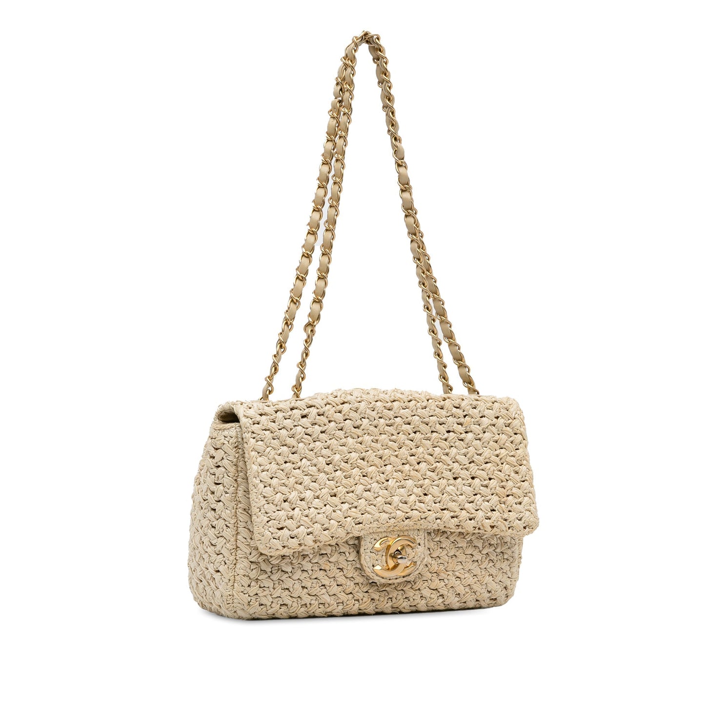 Luxury Chanel Single Flap Medium Brown Crochet Raffia Gold