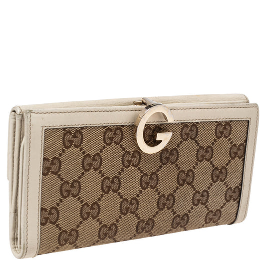 Luxury Gucci Trending 2025 White/beige Gg Canvas And Leather G Bit Flap Continental Wallet..