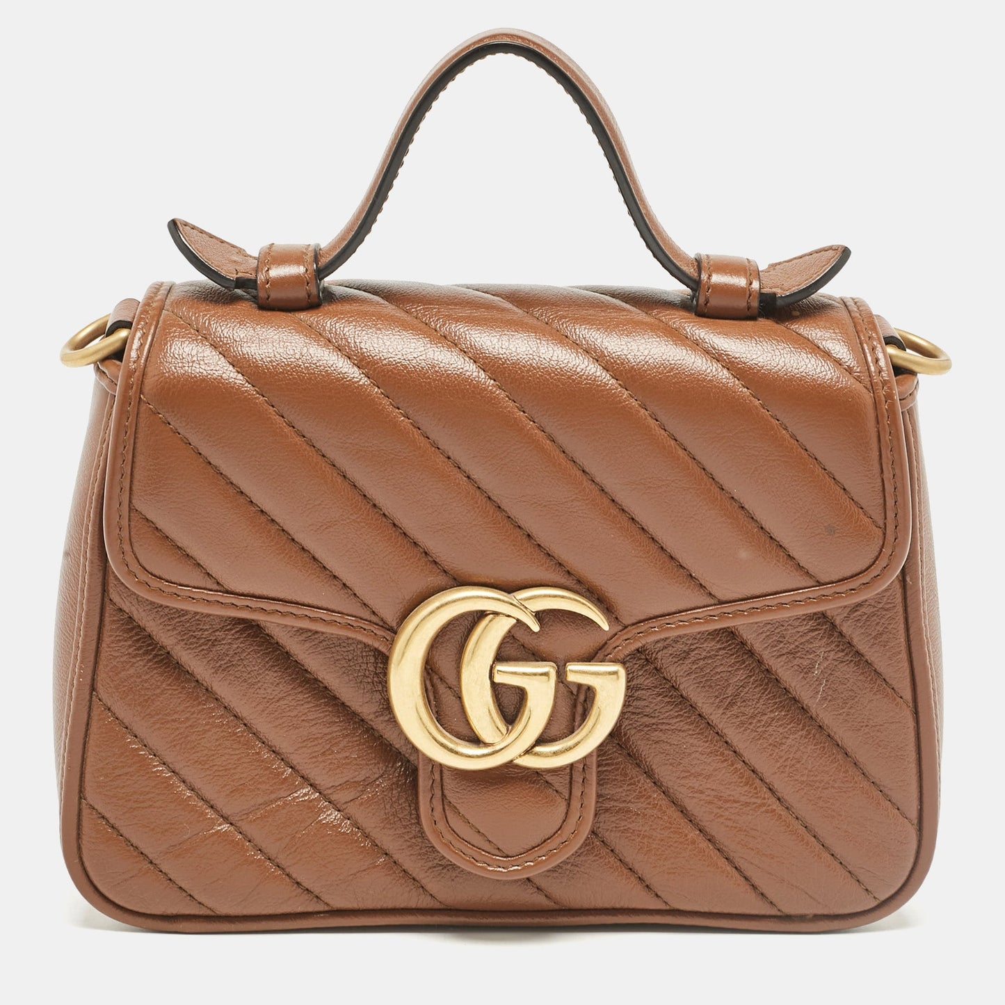 Luxury Gucci Trending 2025 Brown Matelassé Leather Mini GG Marmont Top Handle Bag