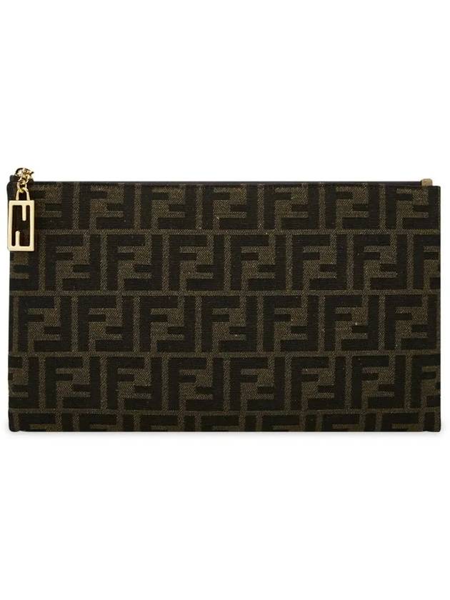 Luxury Fendi Flat Baguette Medium FF Jacquard Fabric Pouch Bag Brown