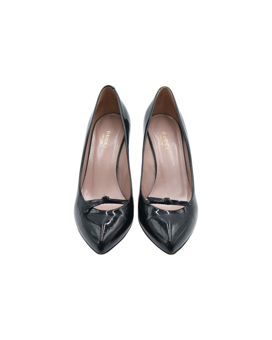 Luxury Gucci Trending 2025 Thin Ribbon Vamp Pointed High Heels in Black Patent Leather