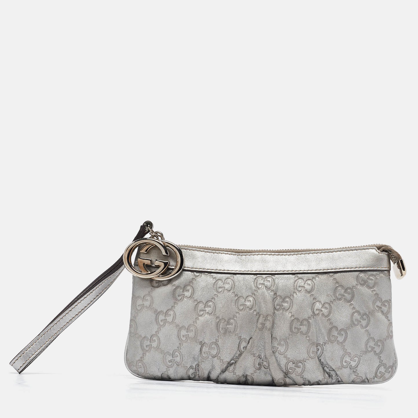 Luxury Gucci Trending 2025 Silver Luxury Gucci Trending 2025ssima Leather Interlocking G Wristlet Pouch