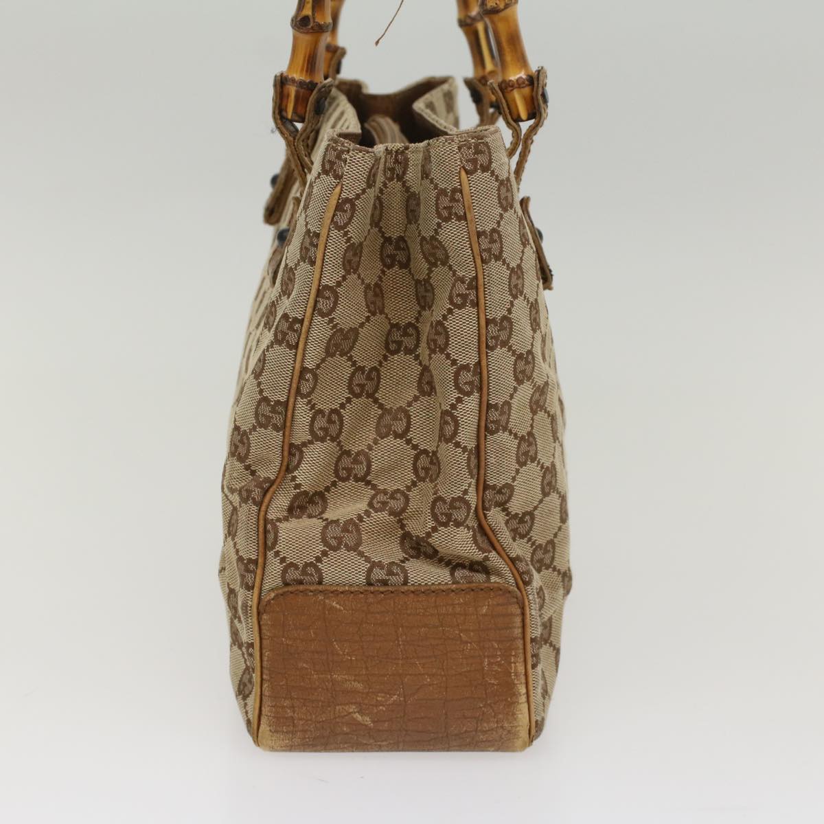 Luxury Gucci GG Canvas Bamboo Hand Bag Leather Beige Brown 54340