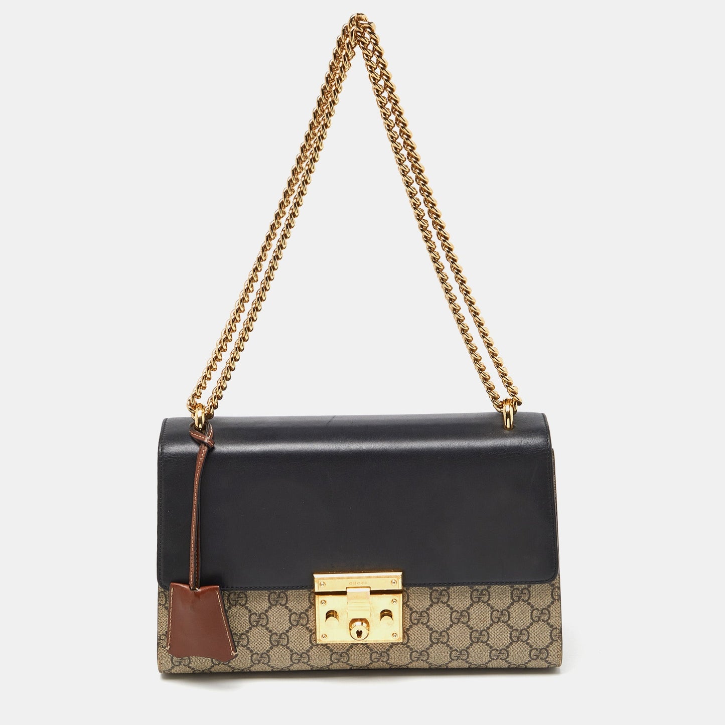 Luxury Gucci Trending 2025 Beige/Black GG Supreme Canvas and Leather Medium Padlock Shoulder Bag