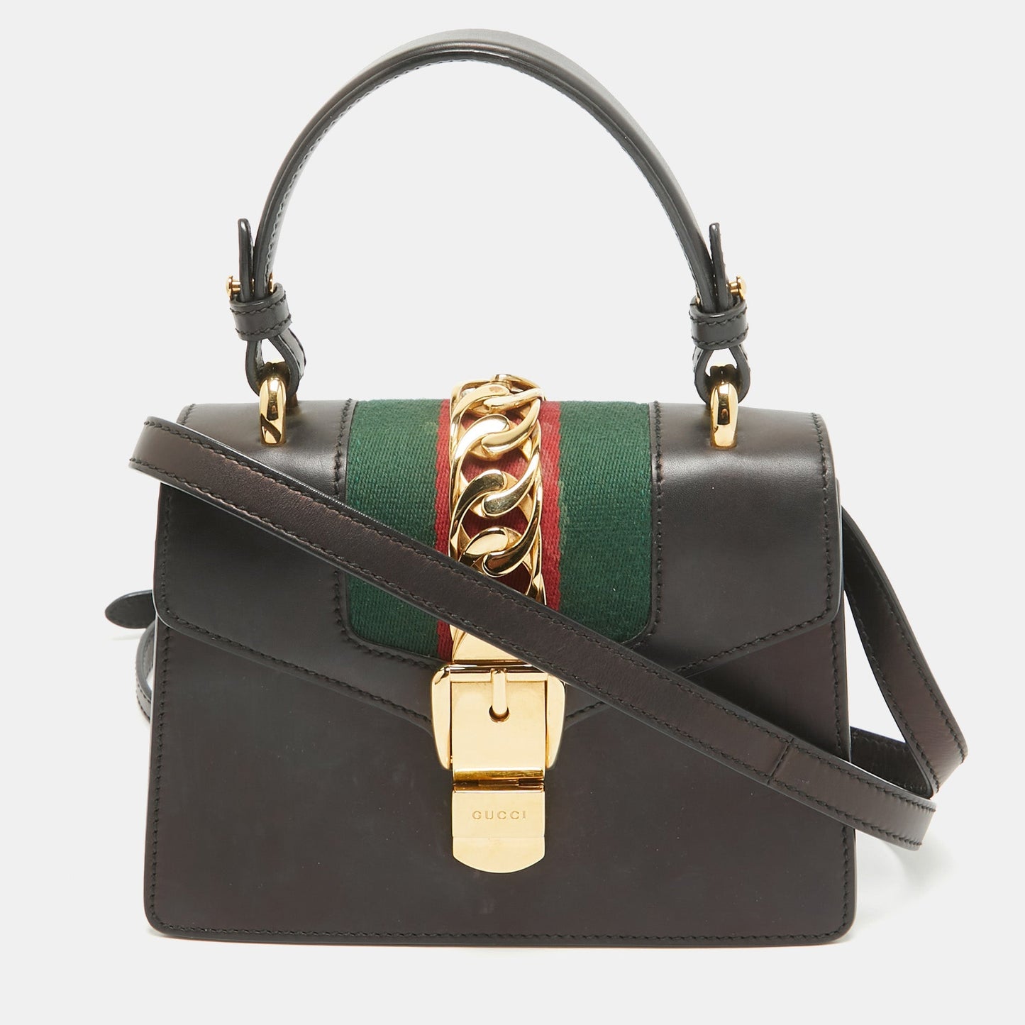 Luxury Gucci Trending 2025 Black Leather Mini Web Sylvie Top Handle Bag