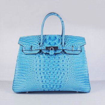 Luxury Hermes Birkin 35cm Crocodile Head Veins Handbags Light Blue Silver
