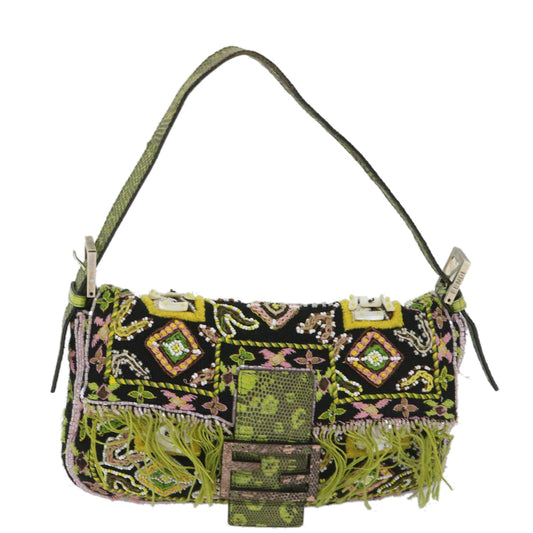 Luxury FendiSnake Mamma Baguette Shoulder Bag Wool Leather Black Green56581