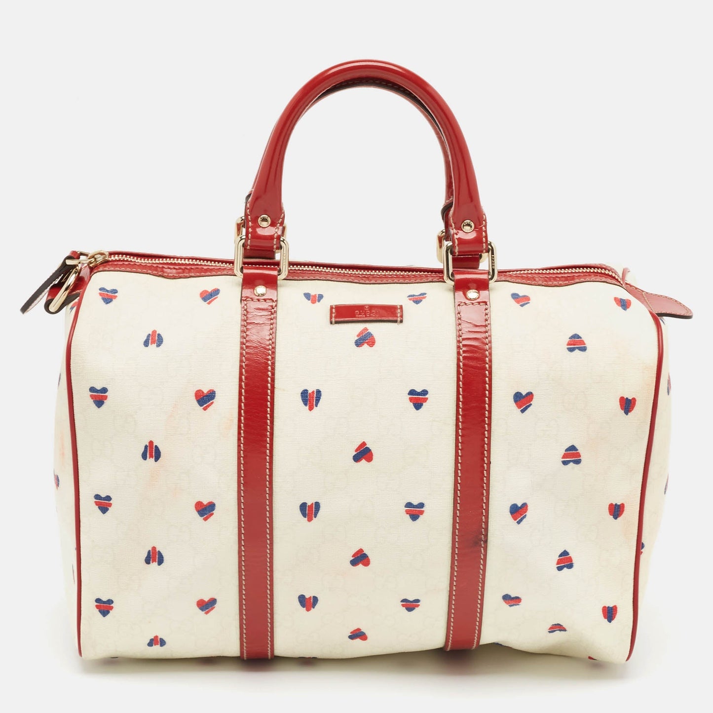 Luxury Gucci Trending 2025 Red/White Heart Print GG Canvas and Leather Joy Boston Bag