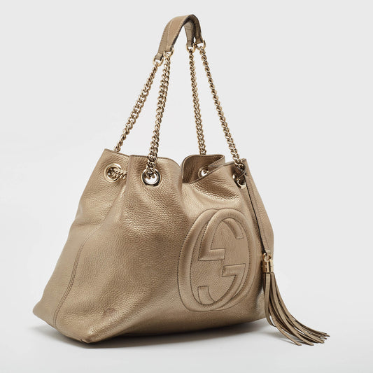 Luxury Gucci Trending 2025 Light Gold Leather Medium Soho Chain Tote..