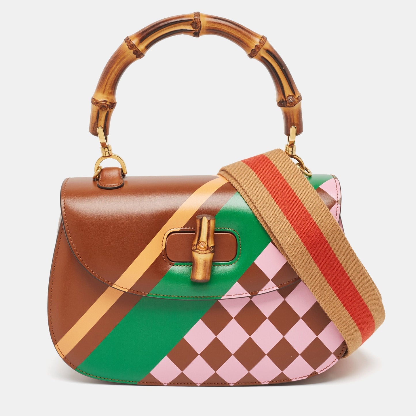 Luxury Gucci Trending 2025 Brown Geometric Print Leather Medium Bamboo 1947 Top Handle Bag
